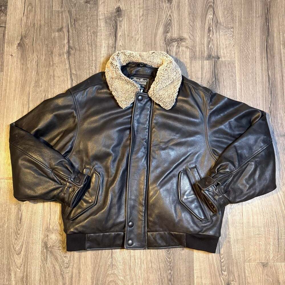 Eddie Bauer Vintage Leather Bomber Jacket XL Sherpa Collar